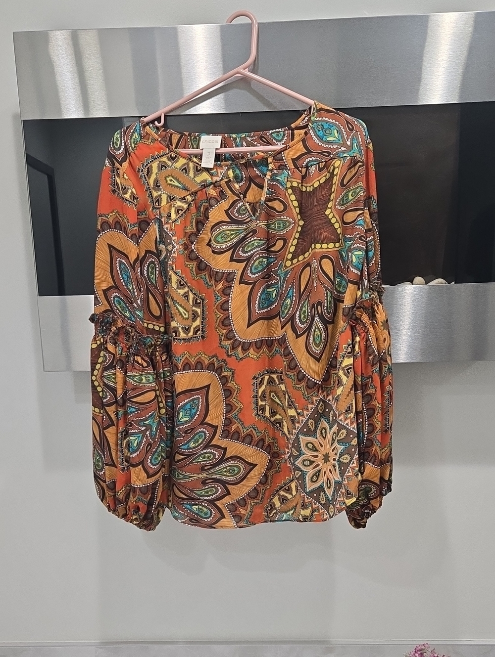 Chico's Orange Paisley Fall/Winter Tunic with Teal & Brown Accents